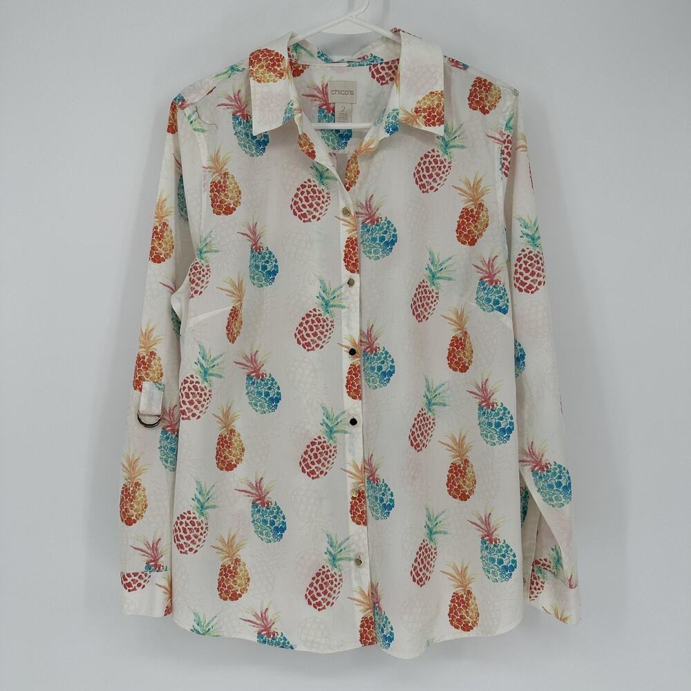 Chicos Shirt Womens Size MED White Pineapple Print Button Front Long Sleeve Top